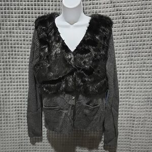 Faux Fur Wool Cardigan Sweater SzL-XL VeraWang Y2K Baddie Glam Boho Chic Preppy